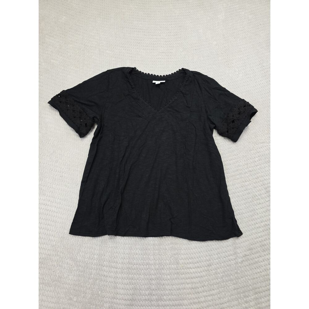 J Jill Shirt Womens Medium Petite Black Embroidered Hem Vneck